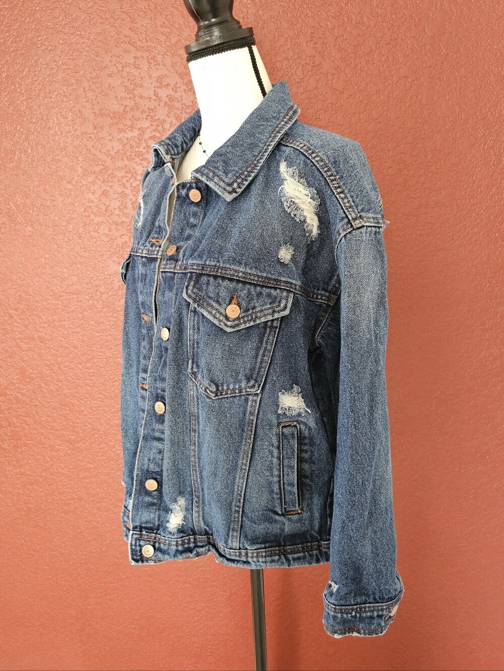 Celebrity Pink Dark Blue Distressed Denim Jacket - Picture 4 of 9